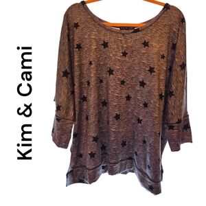 Kim & Cami Heather Grey Black Stars Batwing 3/4 Sleeve Super Soft Top Plus Sz 1X